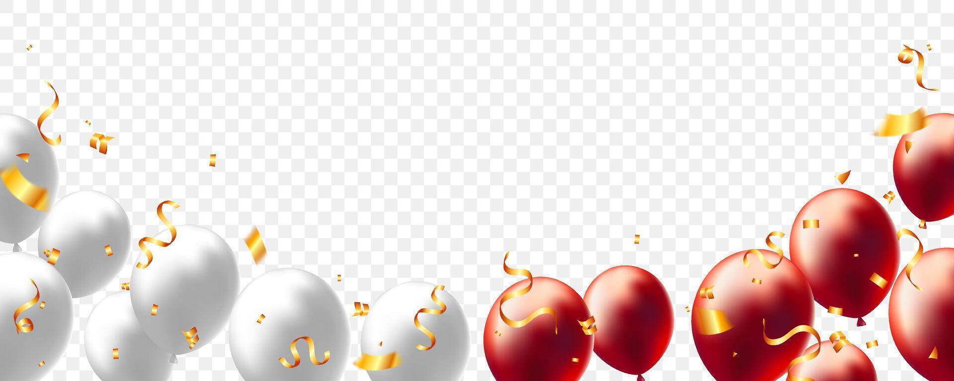 greeting card festive decor background with red, white balloon, ribbon and confetti blur vector