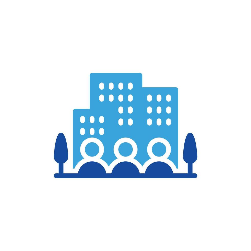 a blue icon of people in front of a building vector