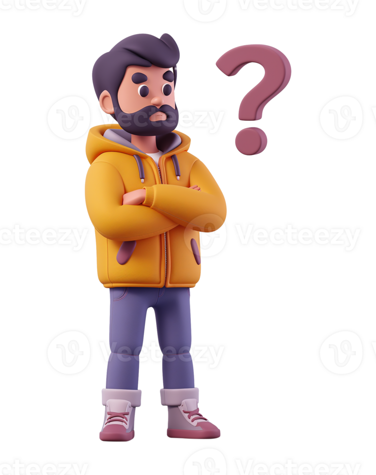 3D illustration confused man thinking in a thoughtful pose with question mark isolated on transparent background. png