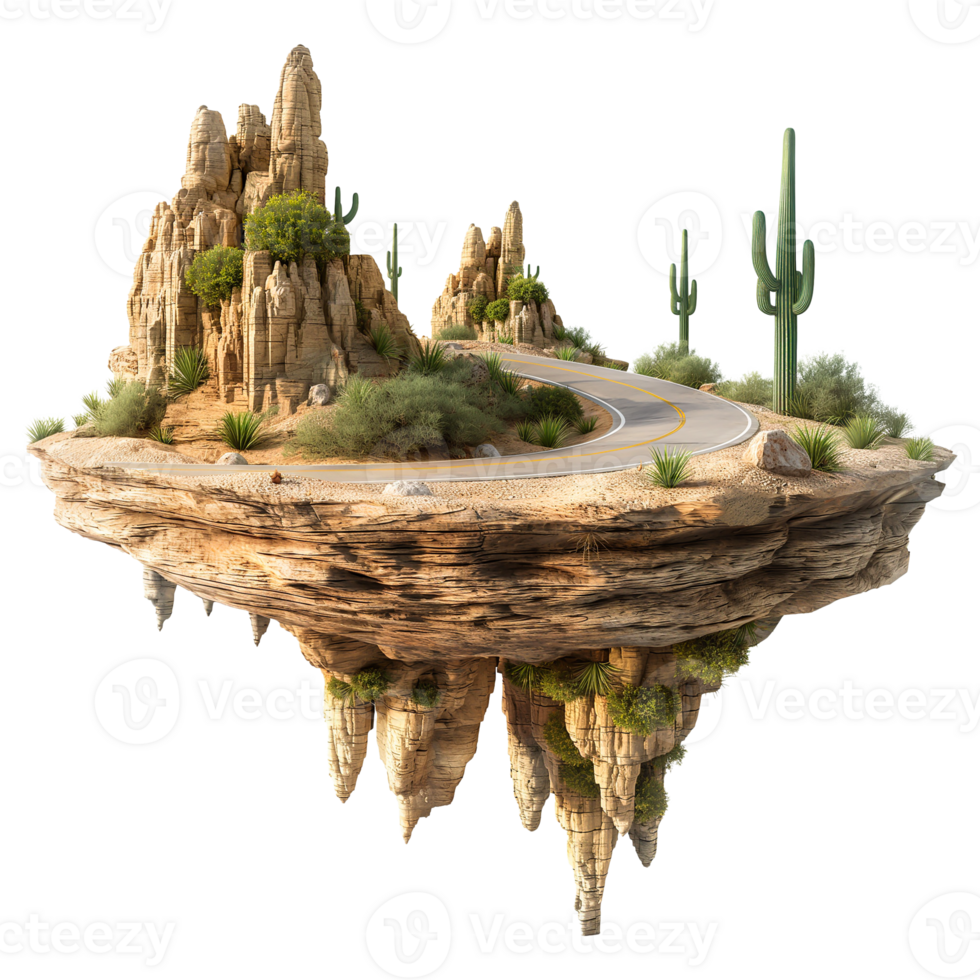 Fantasy island floating. Desert scene with road and cactus isolated on transparent background. png