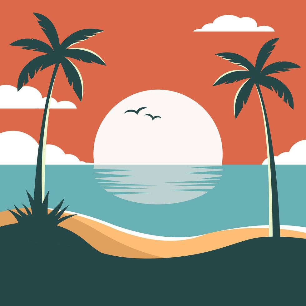 tropical sunset with palm trees and sea vector