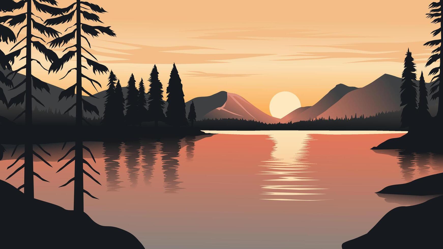 a silhouette of a mountain lake with trees and a sunset vector