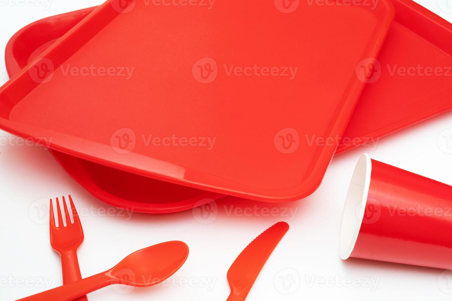 Red plastic food tray in a fast food restaurant. photo