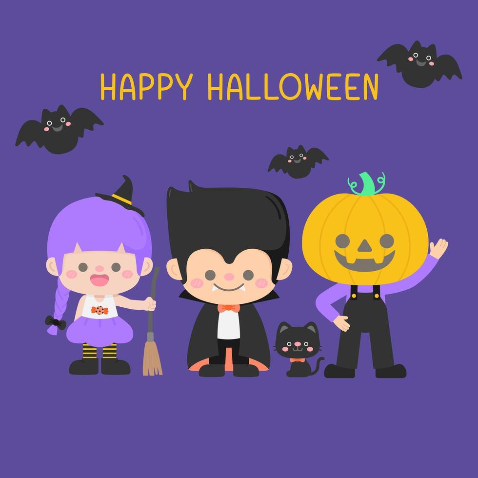 Kid hand drawn cute happy halloween characters invitation card vector