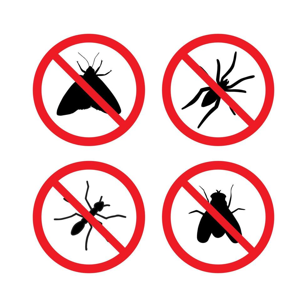 Set of black insects crossed in red circle vector
