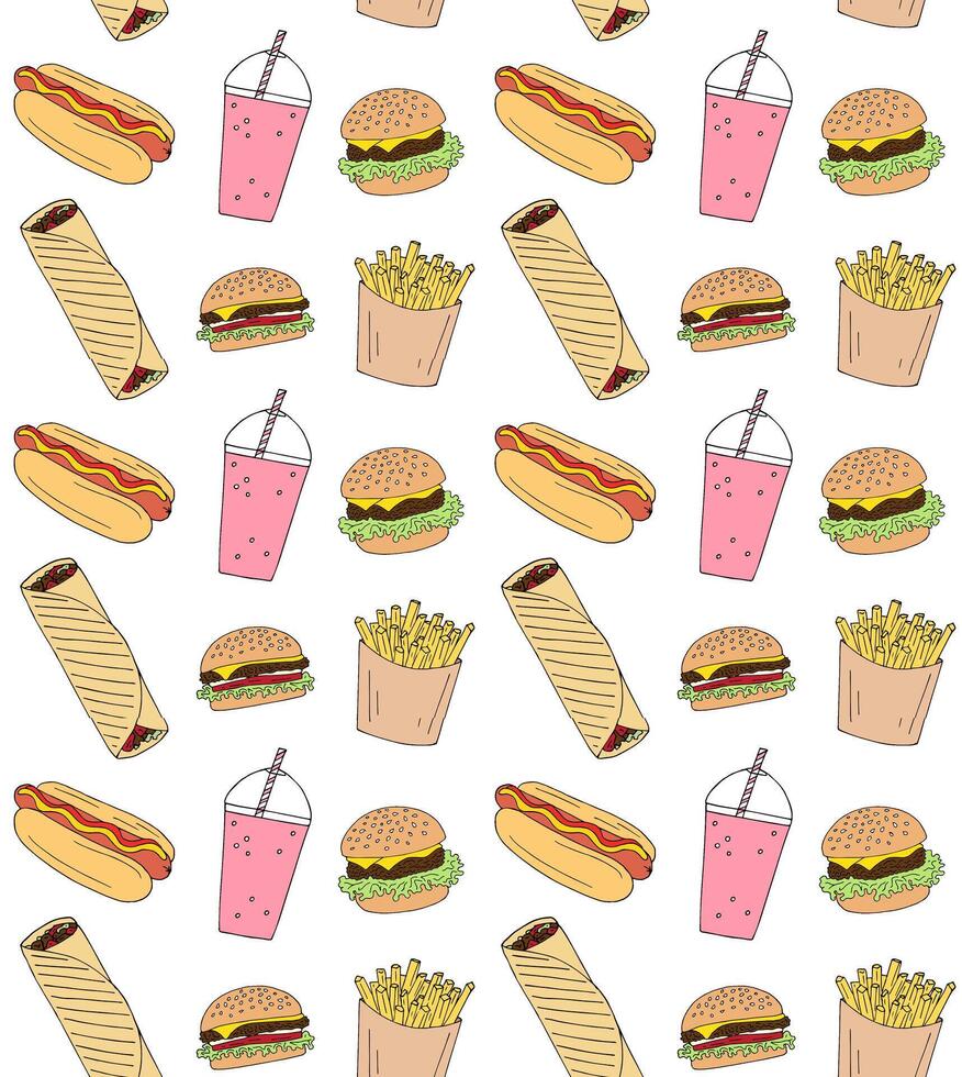 Seamless pattern of sketch fast food vector