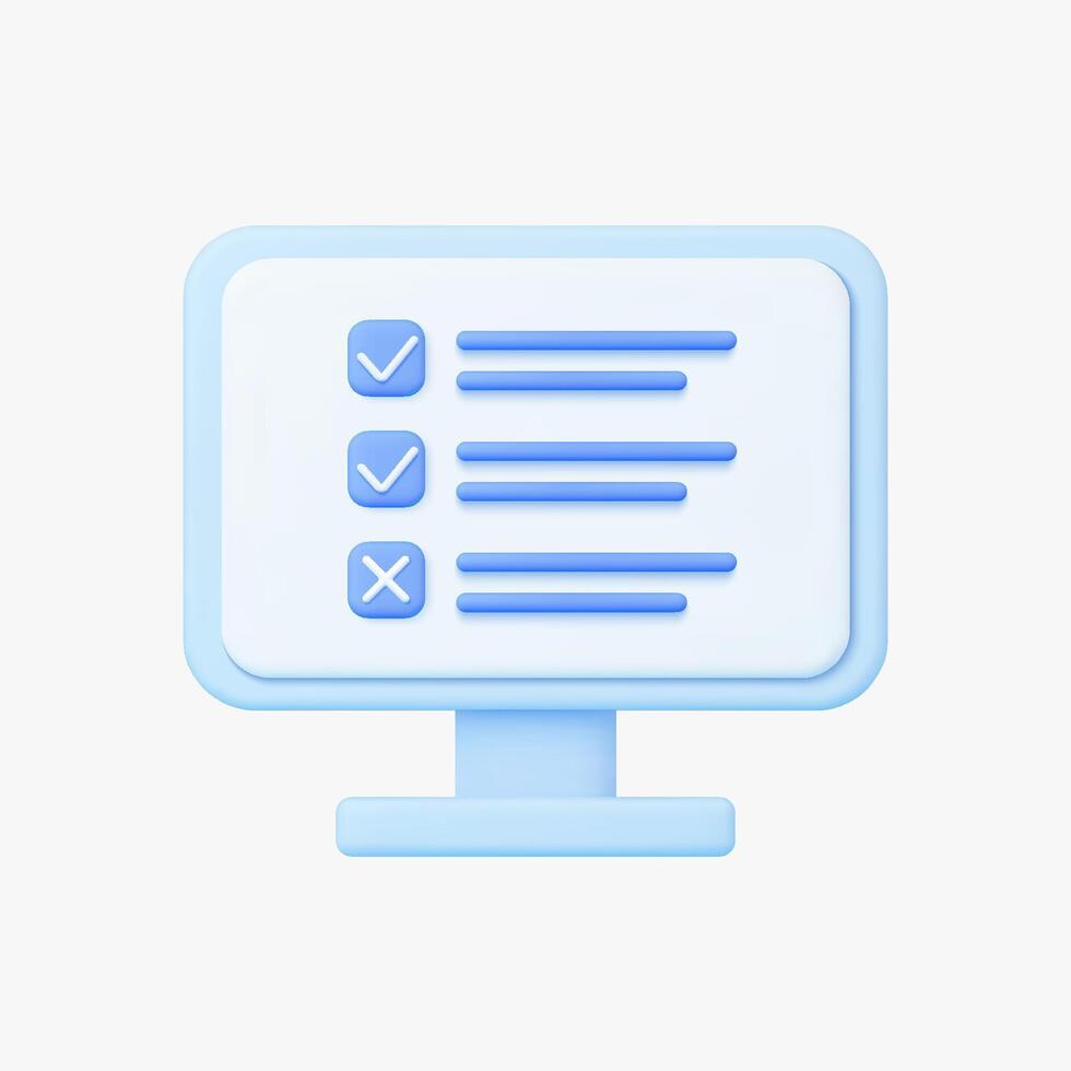 Computer screen with checklist 3d icon. Isolated on white. vector