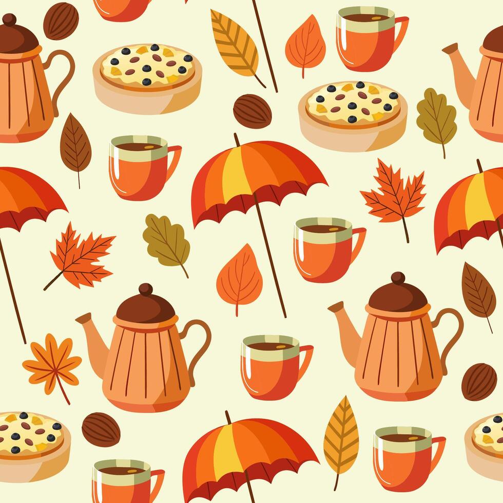 Seamless pattern with autumn objects. Cute hand drawn elements to create a poster or card. Cartoon style illustration. vector