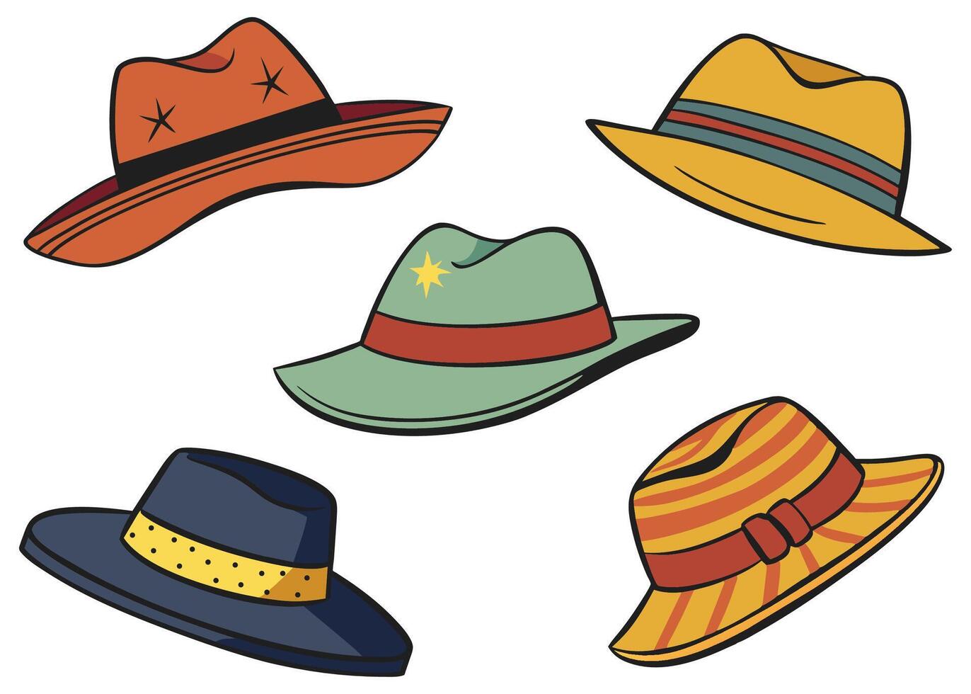 Set of retro men's hats. Old fashioned male headdress. Cartoon style illustration. vector