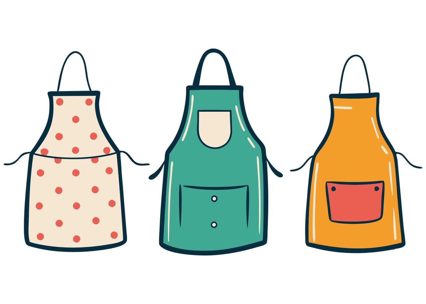 Set of hand drawn kitchen aprons. Cartoon style illustration. vector