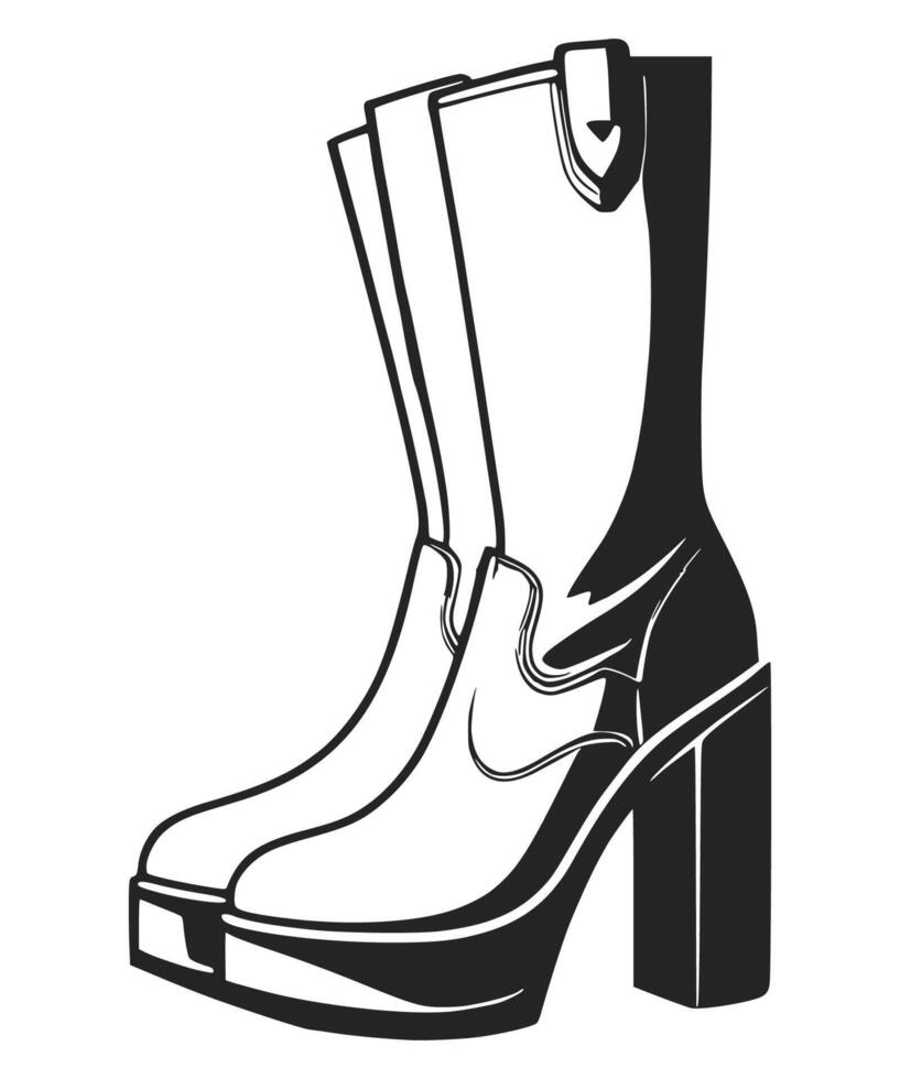 Hand drawn women's boots with high leg. High heel leather boots. Black and white illustration. vector