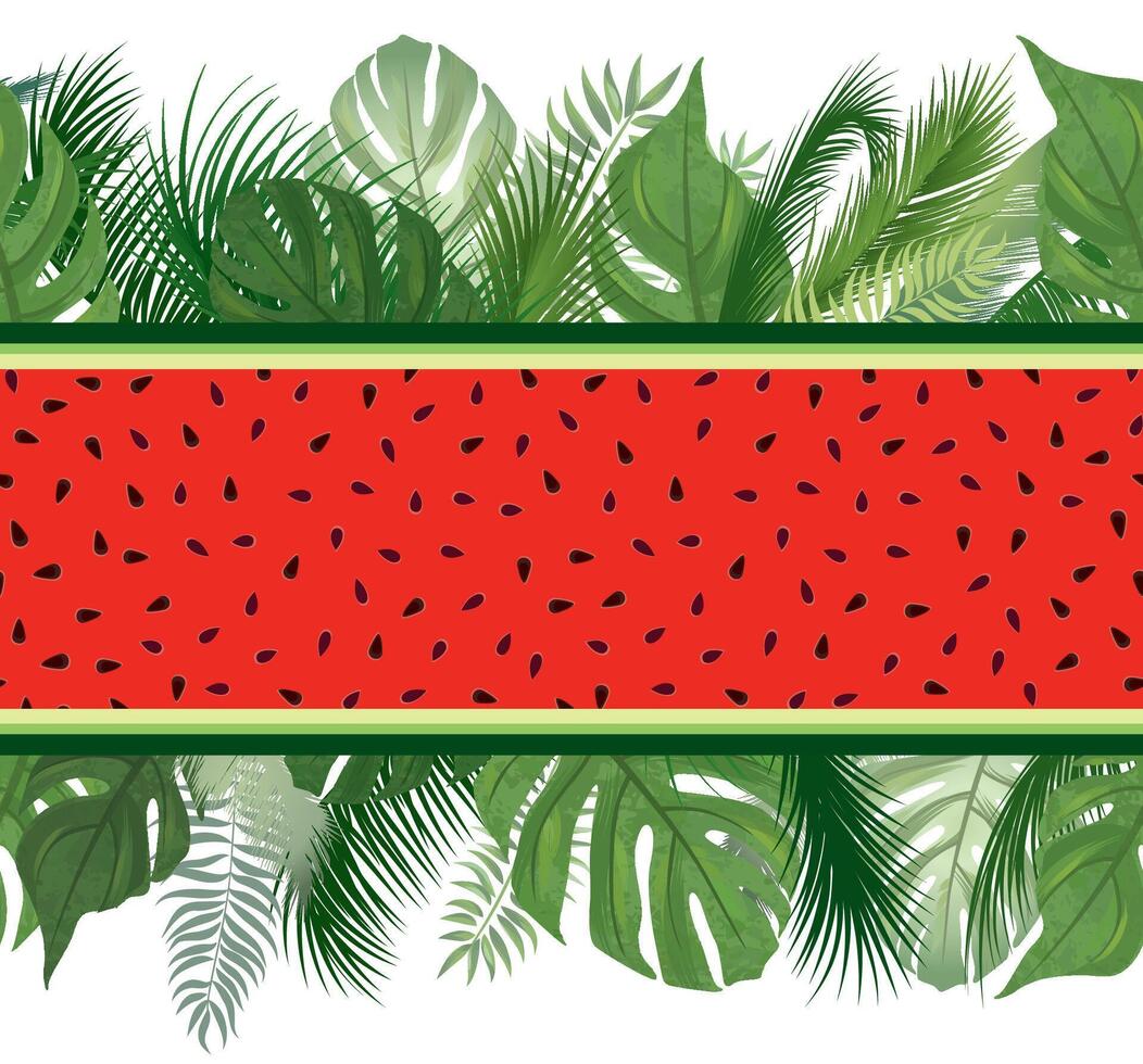 Tropical fruit floral border. Summer holiday resort decor. Watermelon juicy drink texture. Palm leaves seamless pattern. vector