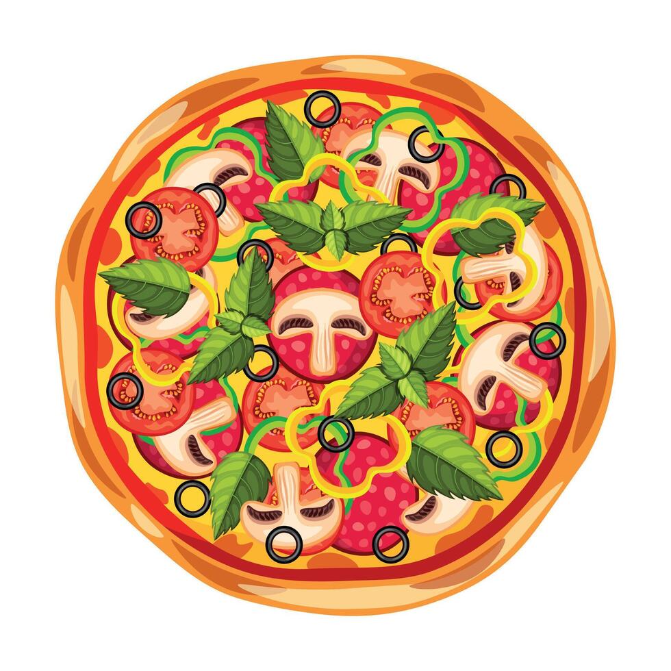 Pizza in cartoon style. Sausage, tomatoes, peppers, mushrooms, cheese, ketchup, olives, basil leaves isolated on a white background. vector