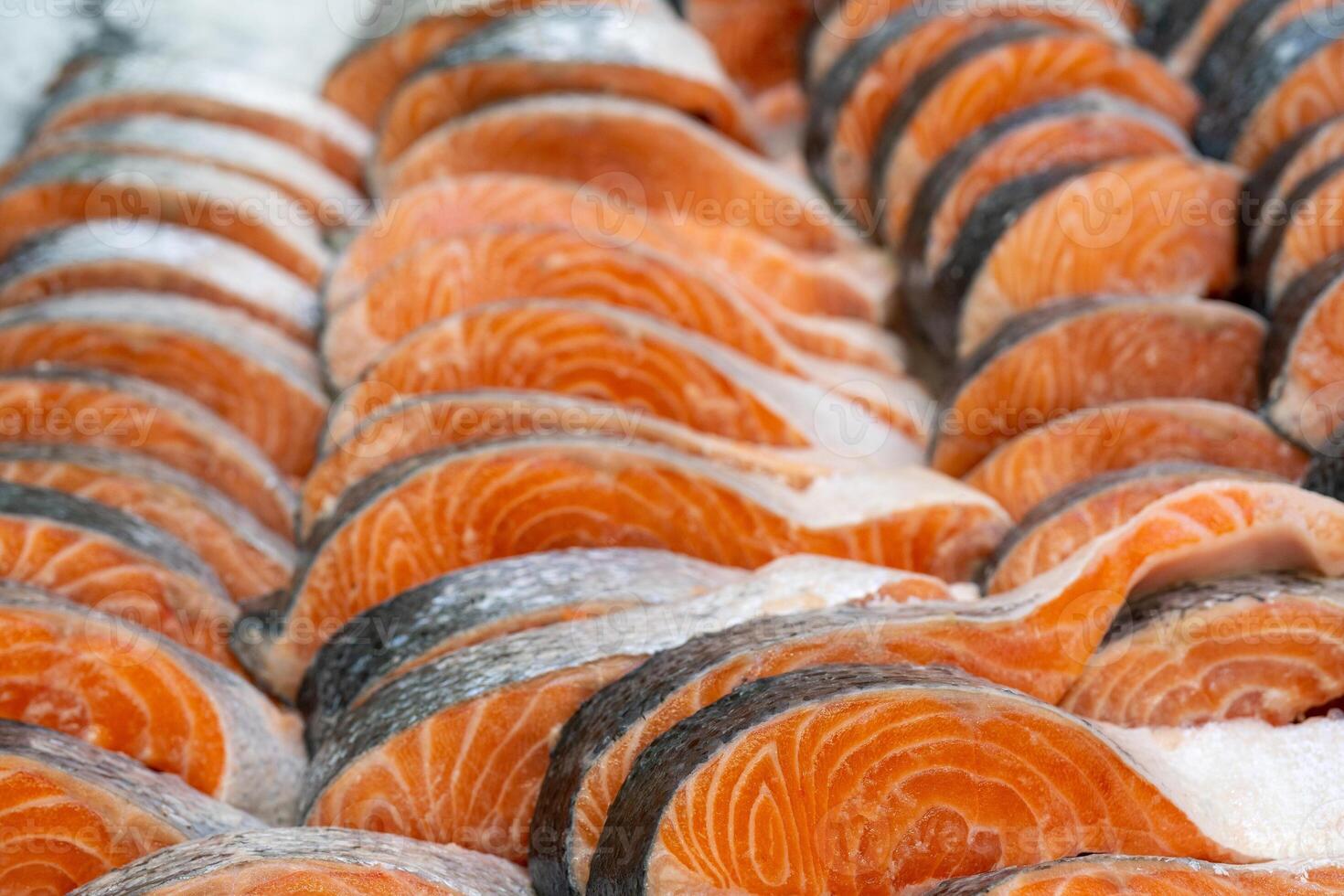 Fresh raw salmon red fish steak. Sale of fresh seafood. photo