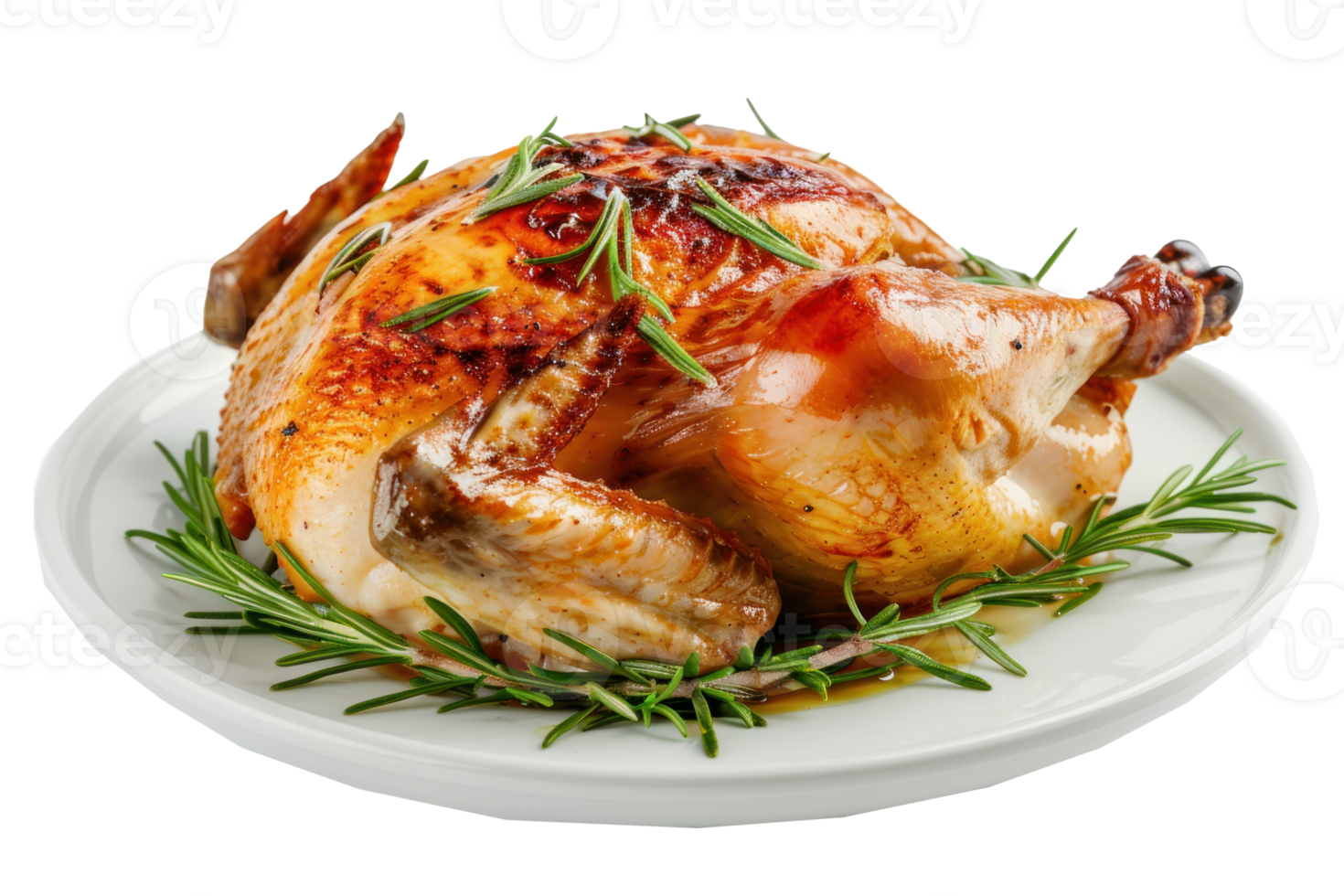 roasted chicken with rosemary sprigs on white plate on transparent background png