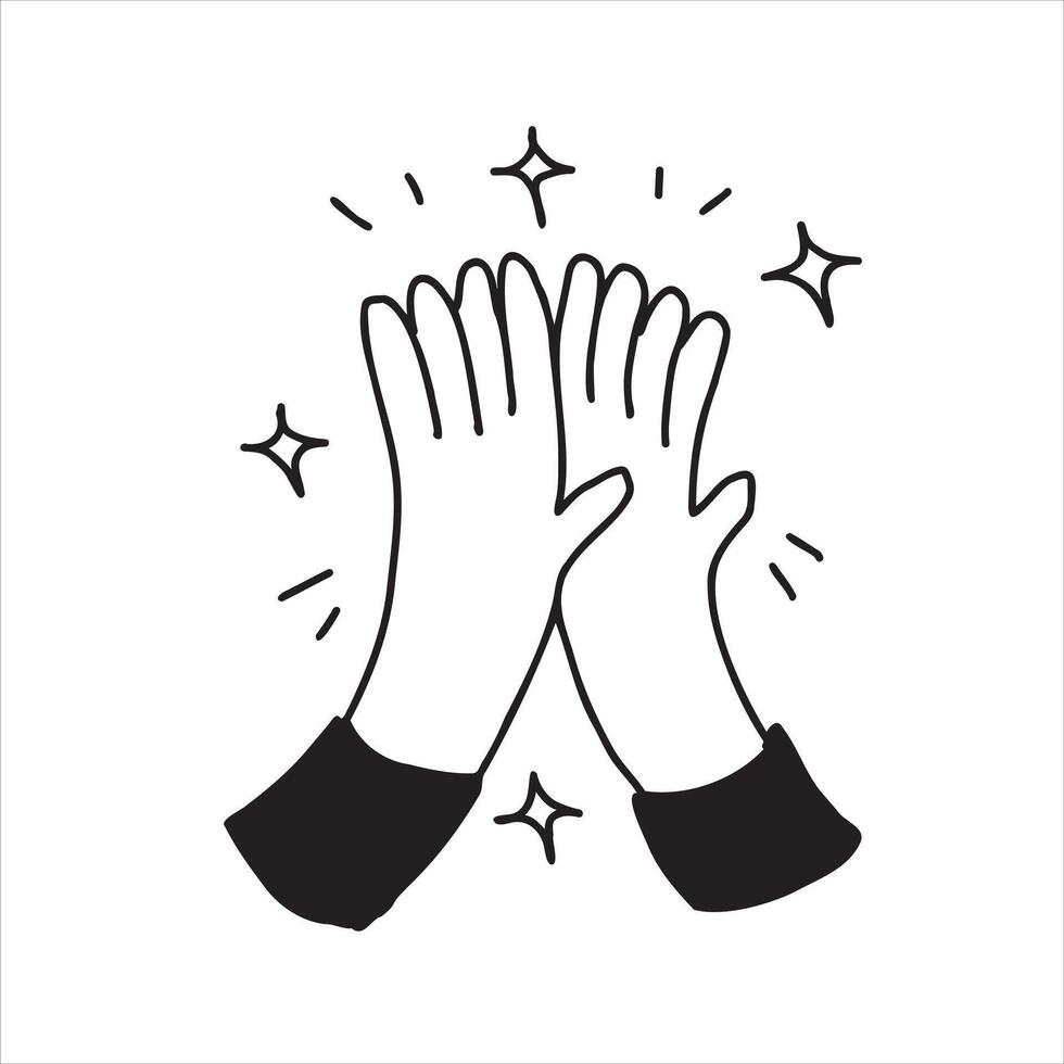 Hand clap, give five gesture. Outline doodle agreement. Friendship and applaud concept. Cartoon positive communication of two people. Sketch hand drawing vector