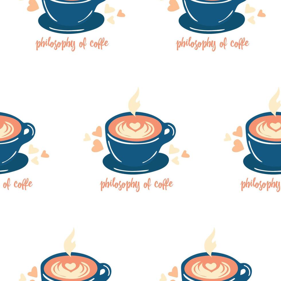 seamless pattern with blue flat cup of coffee and hearts on the white background. illustration print vector