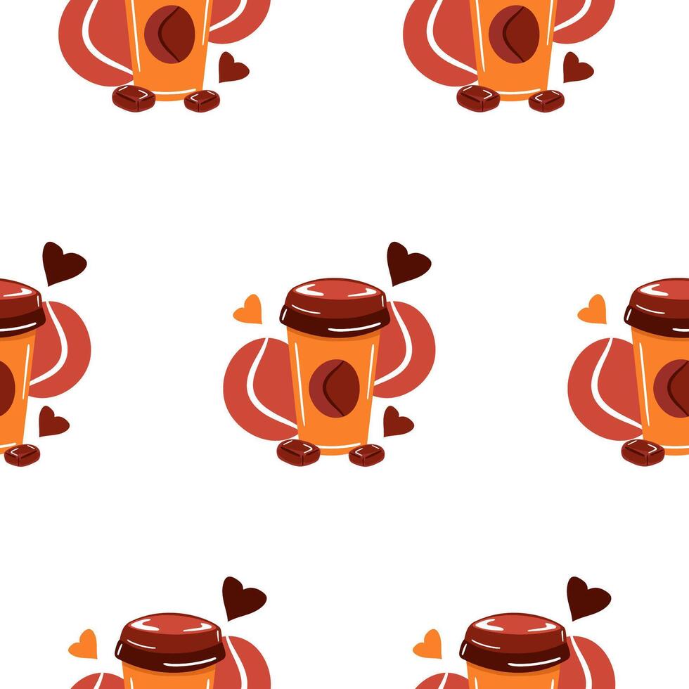 seamless pattern with orange flat glass of coffee and pieces of chocolate on the white background.illustration print vector