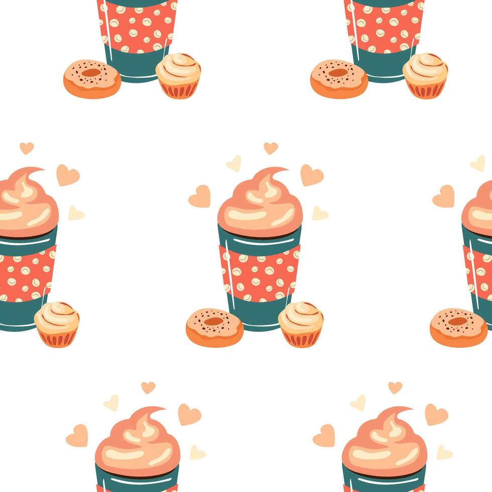 seamless pattern with green flat glass of coffee and butter cream on the white background. illustration print vector