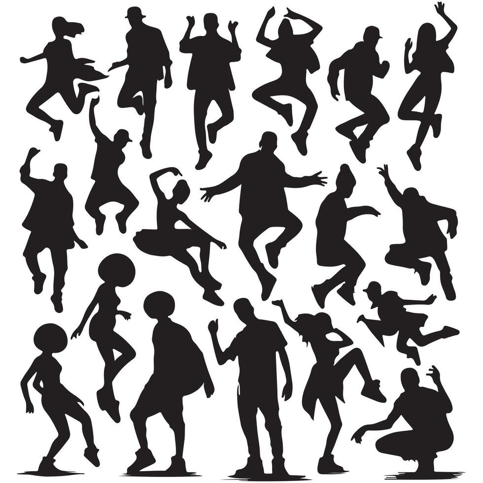 A set of black men and women street dance hip hop dancers in silhouette with white background vector