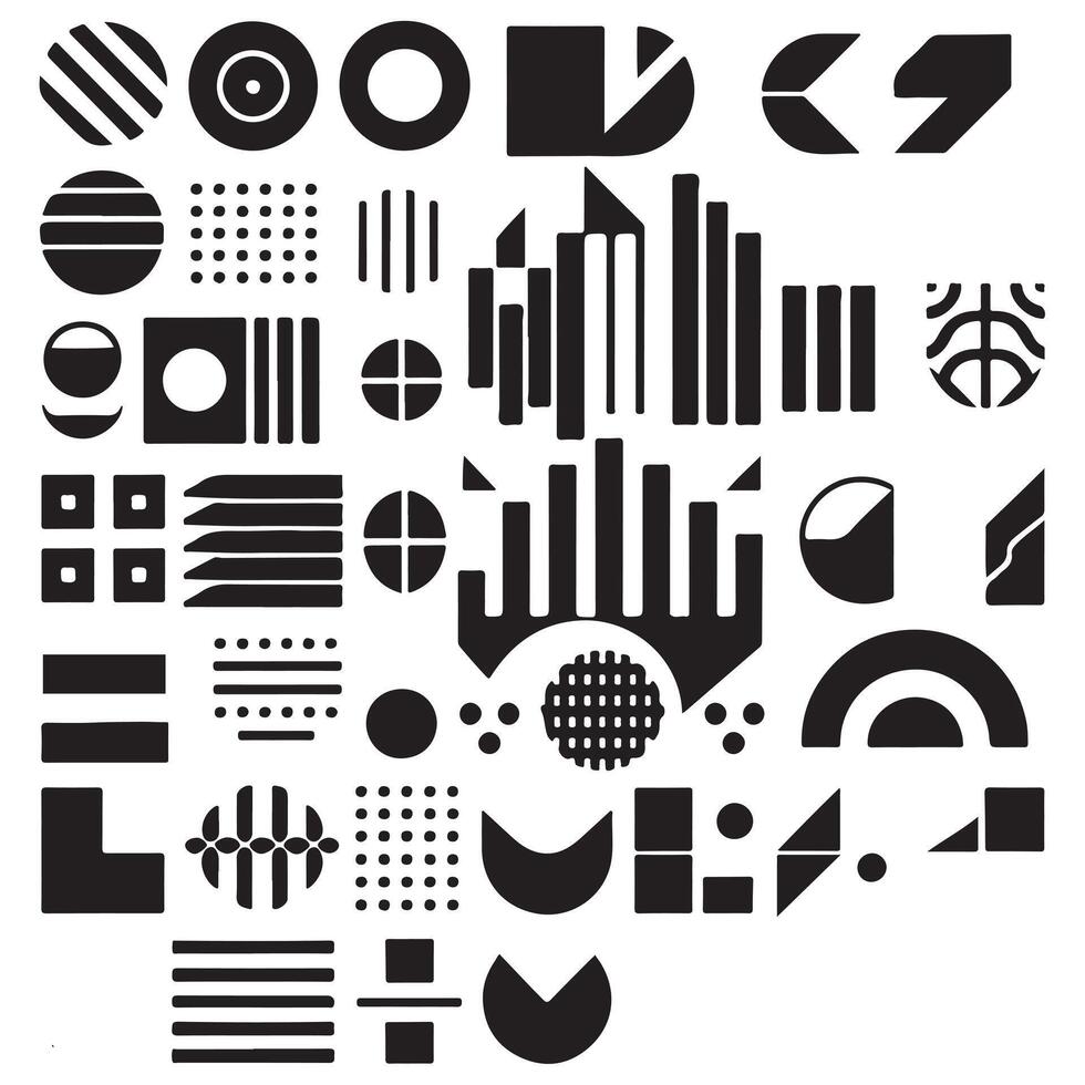 black Brutalist geometric shapes, modern symbols. Simple primitive elements and forms. Retro design, trendy contemporary minimalist style, y2k. illustration vector