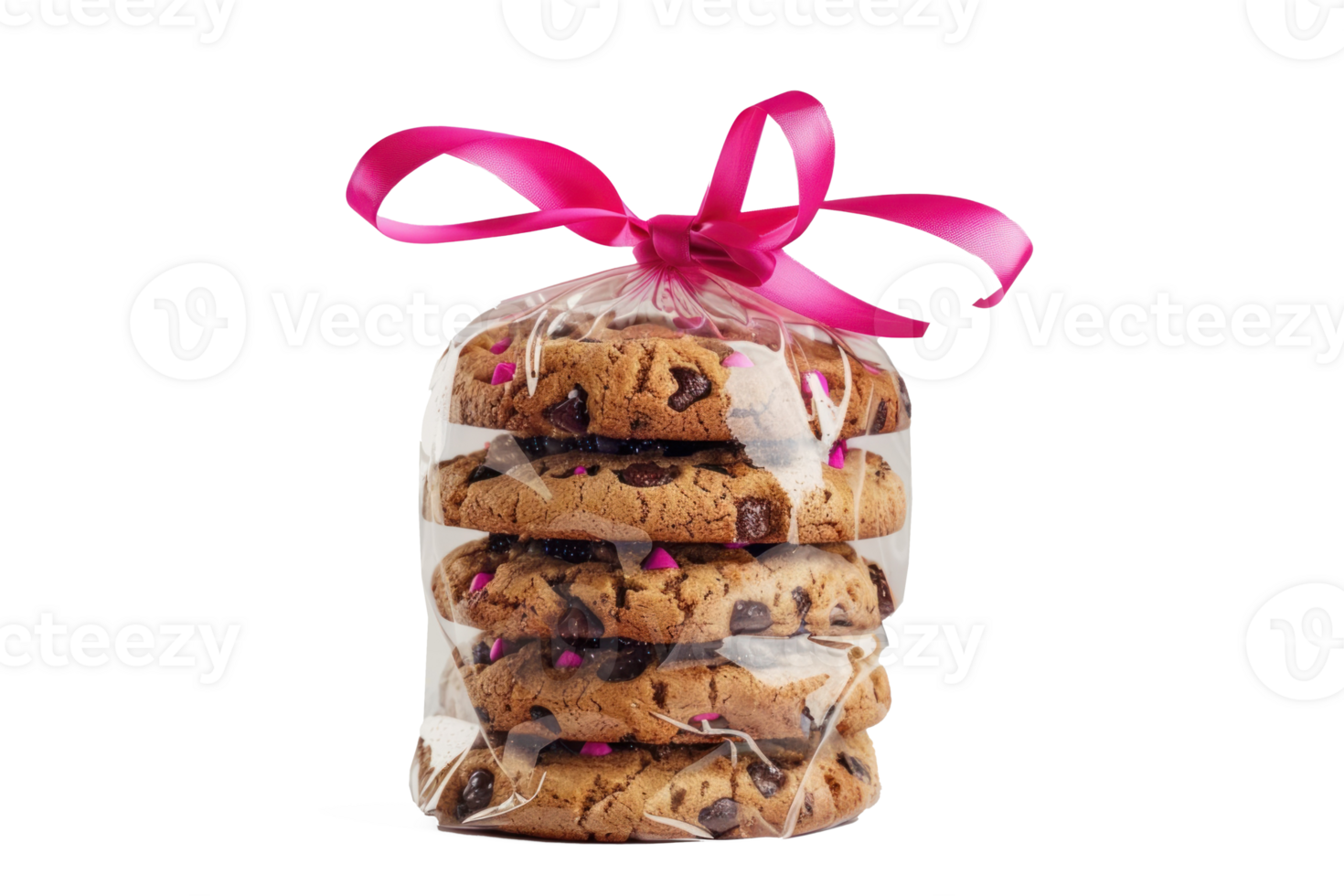 chocolate chip cookies in a bag with a pink ribbon on transparent background png