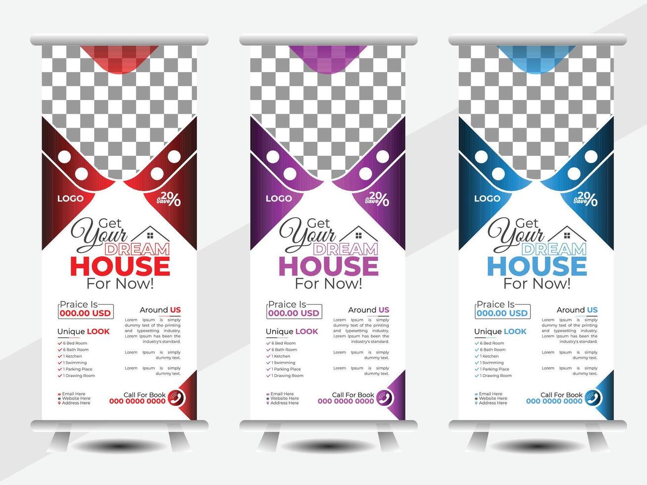 Real Estate Business Roll Up Banner Design, Creative Modern Design template, Home For Sale. vector