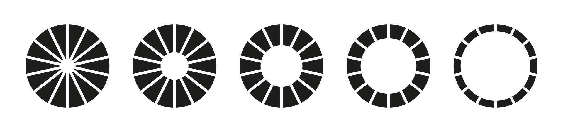 Wheel round divided, fourteen sections. Donut charts, pies segmented on 14 equal parts. Diagram infographic. Circle section graph. Pie chart icons. Lifestyle balance wheel. Life template coaching tool vector
