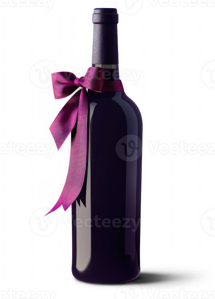 a bottle of wine with a purple ribbon on it on transparent background png