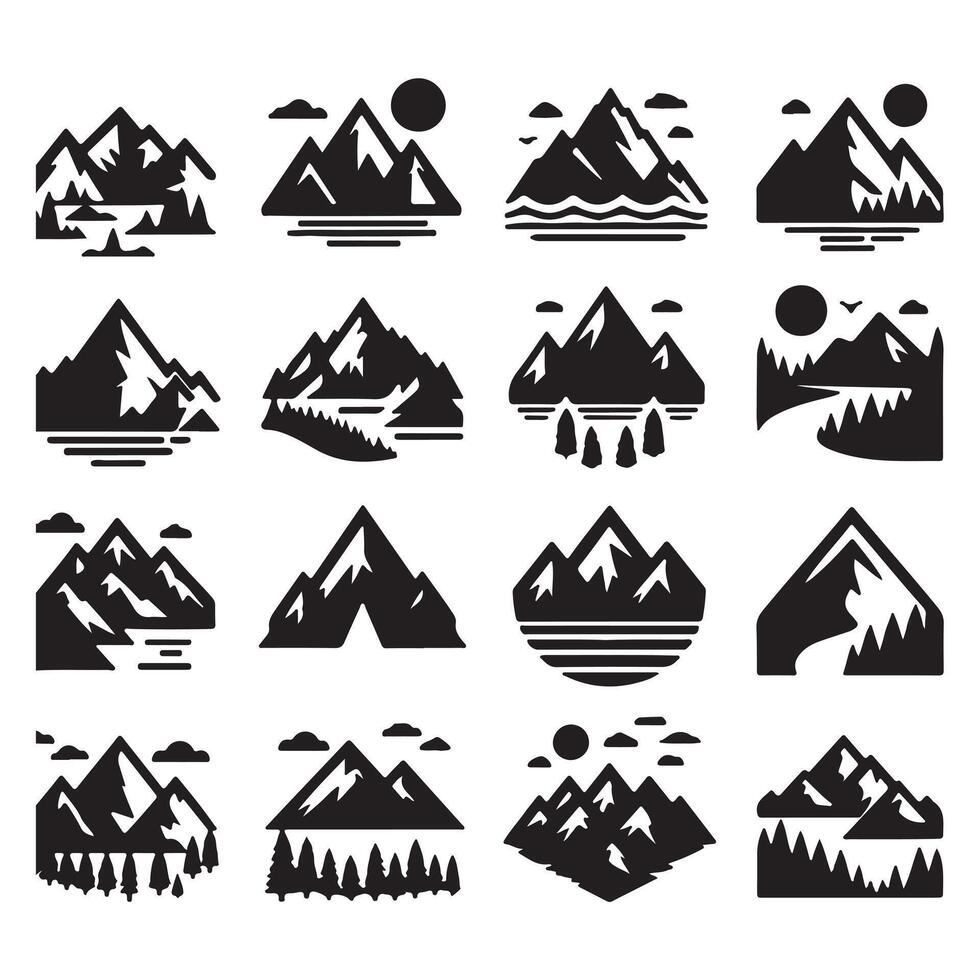 Set Mountain icons, Collection different types of Mountains Black with white background vector