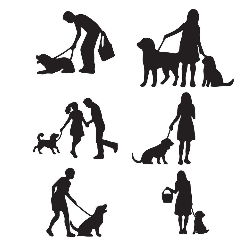 People playing with dog various collection set silhouette vector