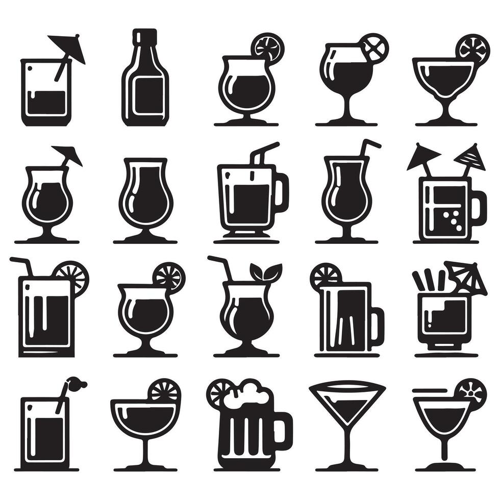 Set of icons of various black drink glasses image with white background vector