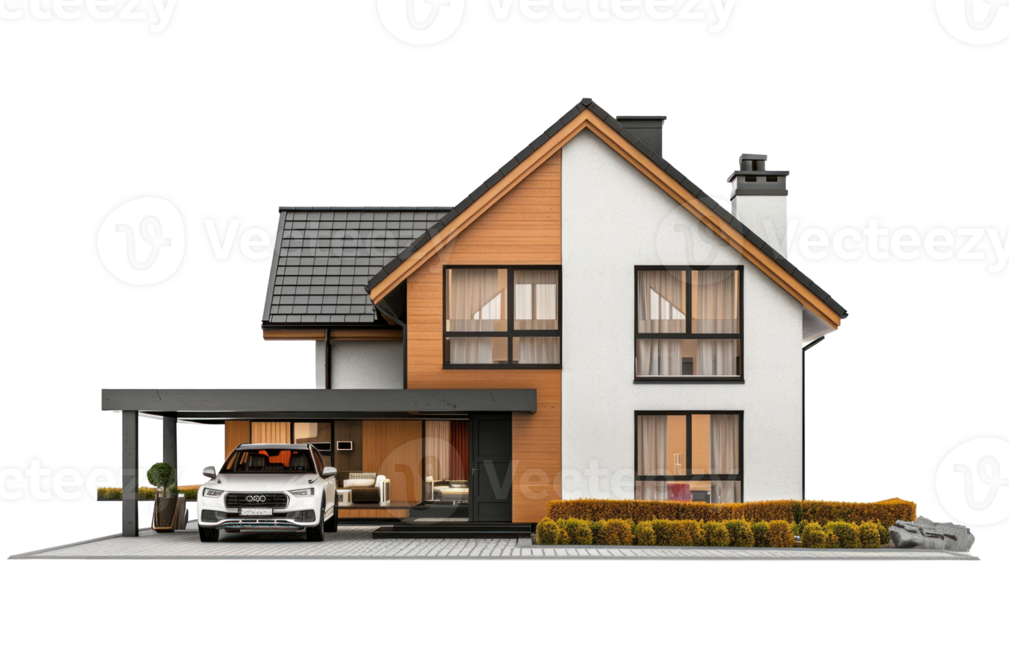 modern house with car on the driveway on transparent background png