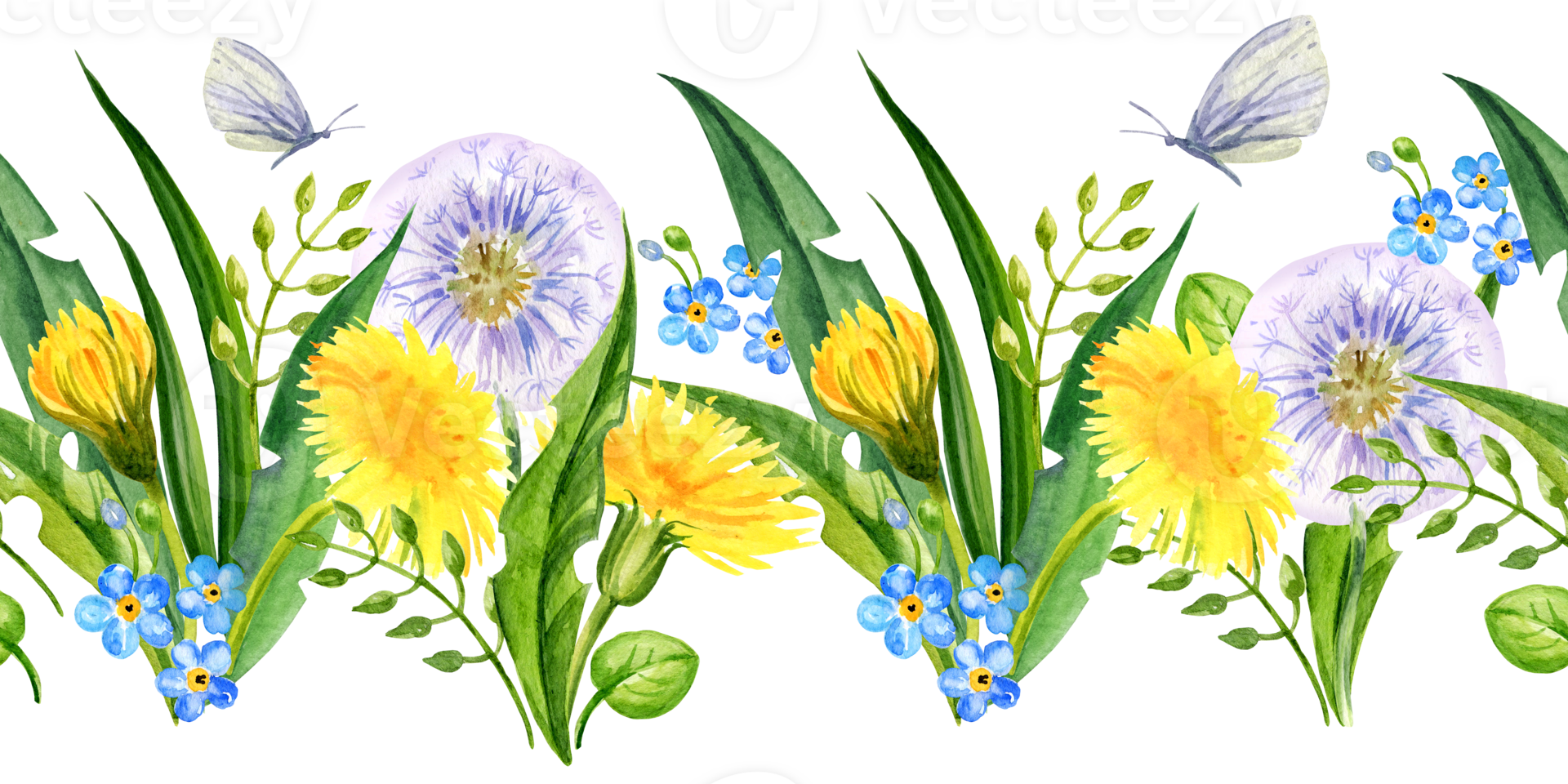 watercolor seamless border with summer field flowers, hand draw illustration of yellow dandelions and blow balls, leaves, herbs, butterfly and forget-me-not flower png