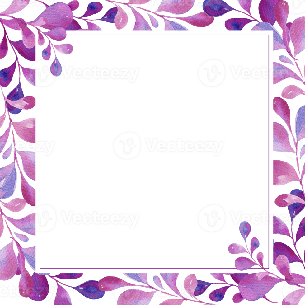 watercolor square frame with pink and magenta leaves, gradient in illustration, sketch, purple and violet color, herbal ornament png
