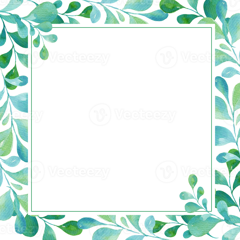 watercolor square frame with green and blue leaves, gradient in illustration, sketch, green and blue color, herbal ornament png