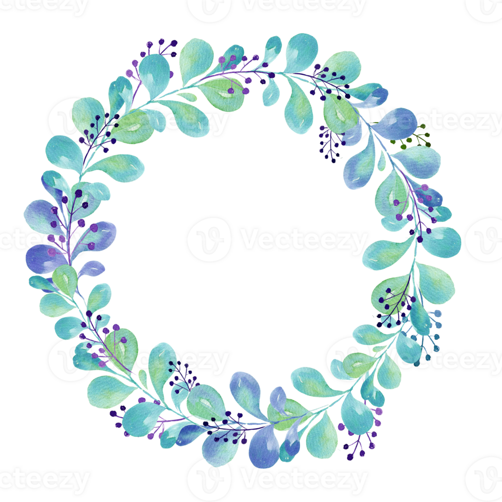 watercolor wreath with green and blue leaves, gradient in illustration, sketch, green and blue color, herbal ornament png