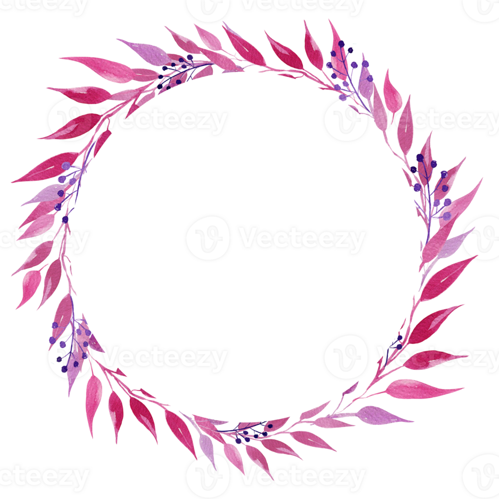 watercolor wreath with pink and magenta leaves, illustration, sketch, rose color, purple color herbal ornament png