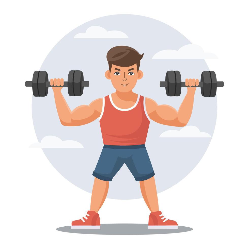 Young man with dumbbells. Sportsman training. Healthy lifestyle. Physical activity concept. Flat style illustration vector
