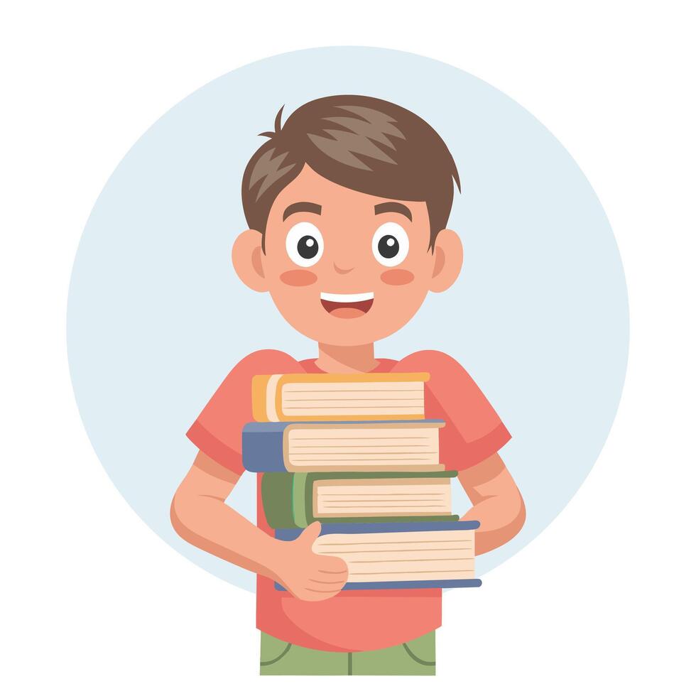 Cute boy holding a stack of books. Schoolboy with books. Flat style illustration vector