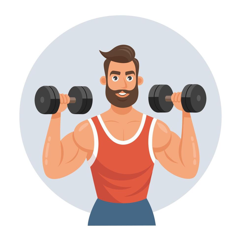 Young man with dumbbells. Sportsman training. Healthy lifestyle. Physical activity concept. Flat style illustration vector