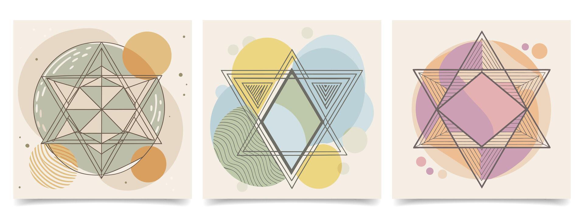 Set of abstract vintage posters with mystical symbols in pastel colors. Collection of retro backgrounds. Illustration vector