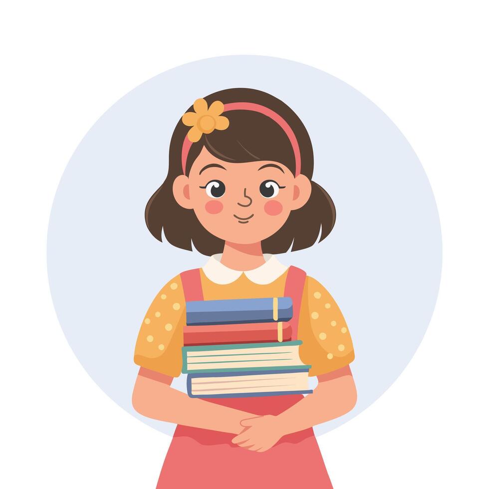 Cute girl holding a stack of books. Schoolgirl with books. Flat style illustration vector