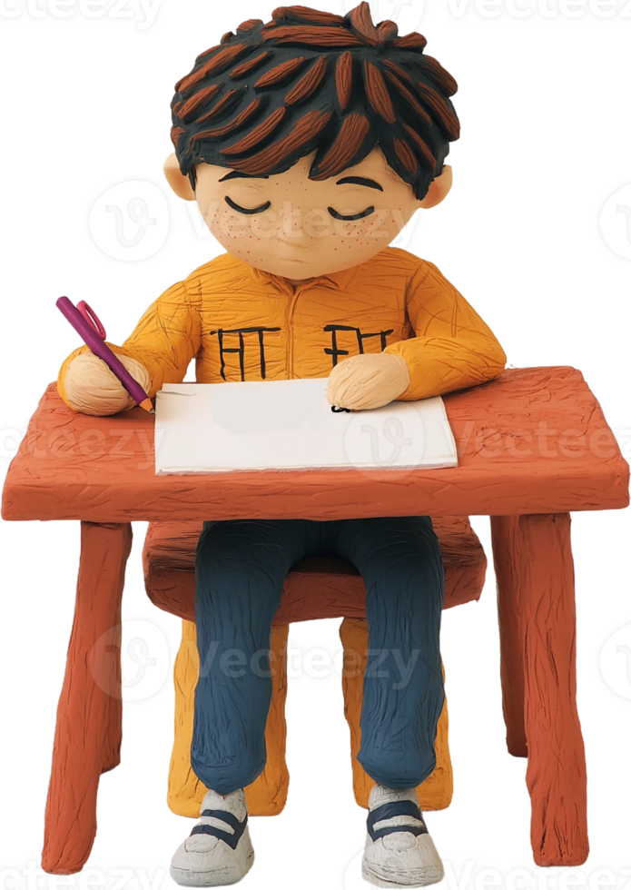 a boy writing on a paper with a pencil png