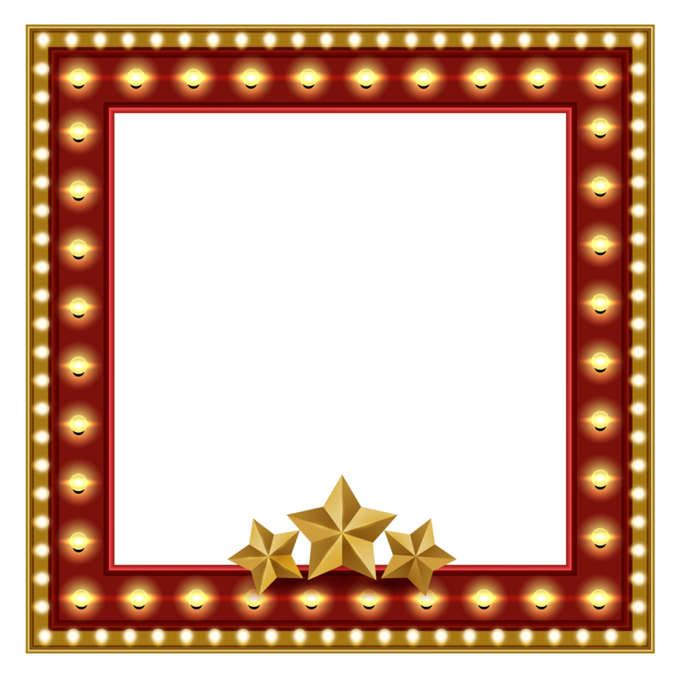Retro golden red frame with bulbs and stars png
