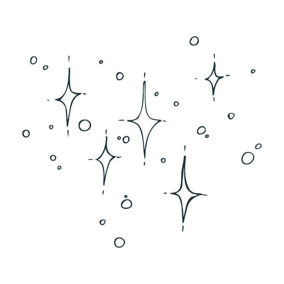 Twinkling stars small four-pointed and dotted, cluster of sparkling stars for decoration. Line art is a simple hand-drawn illustration in black and white ink. Isolated EPS object. vector