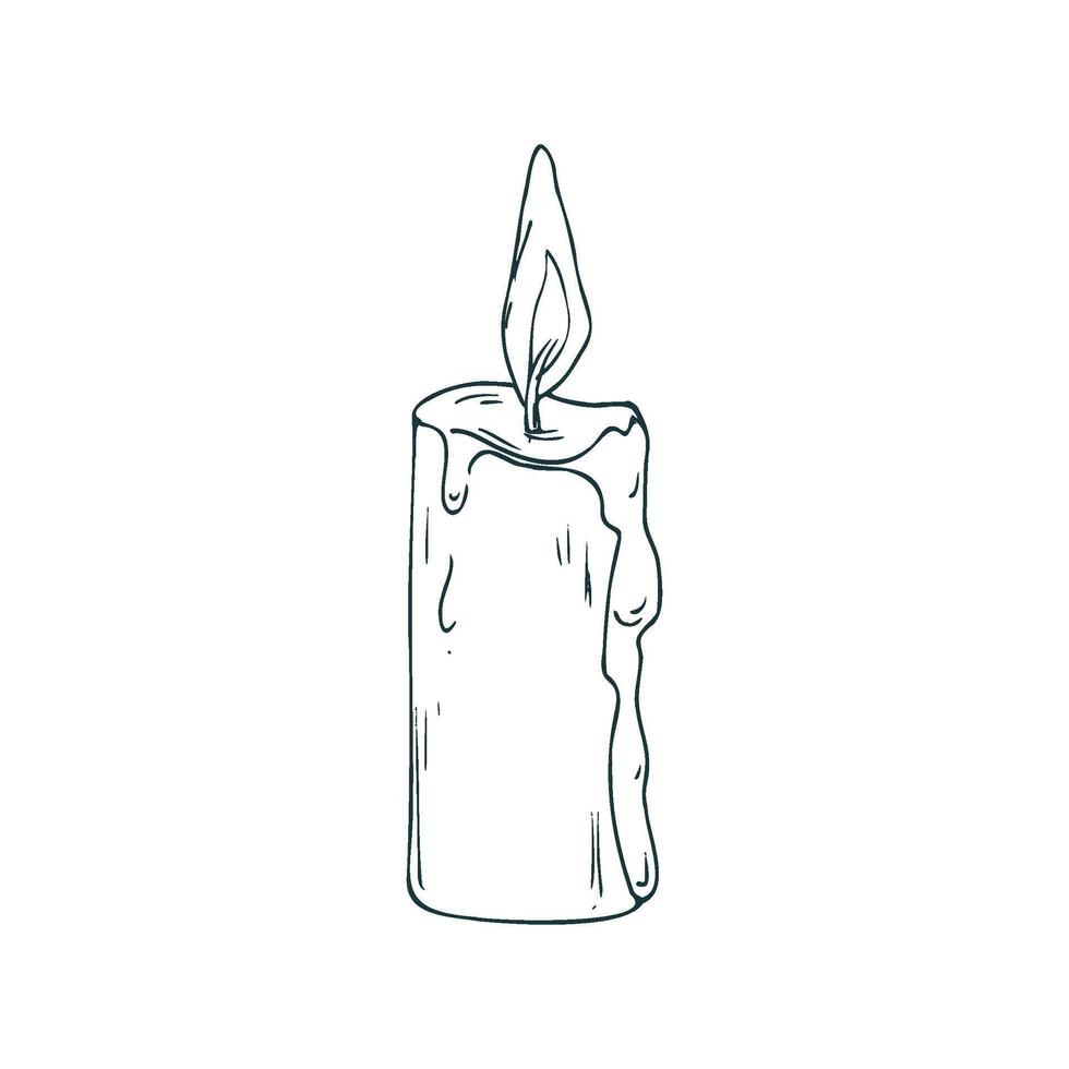 Wax candle tall with wax drips and burning flame. Line art is a simple hand-drawn illustration in black and white ink. Isolated EPS object. vector