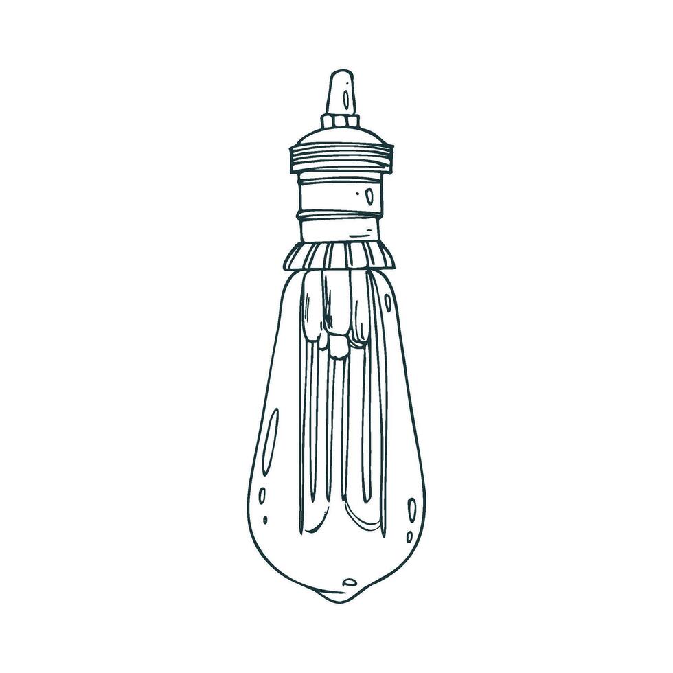 Edison glass lamp hanging on a cord glowing in the shape of a drop. Line art is a simple hand-drawn illustration in black and white ink. Isolated EPS object. vector