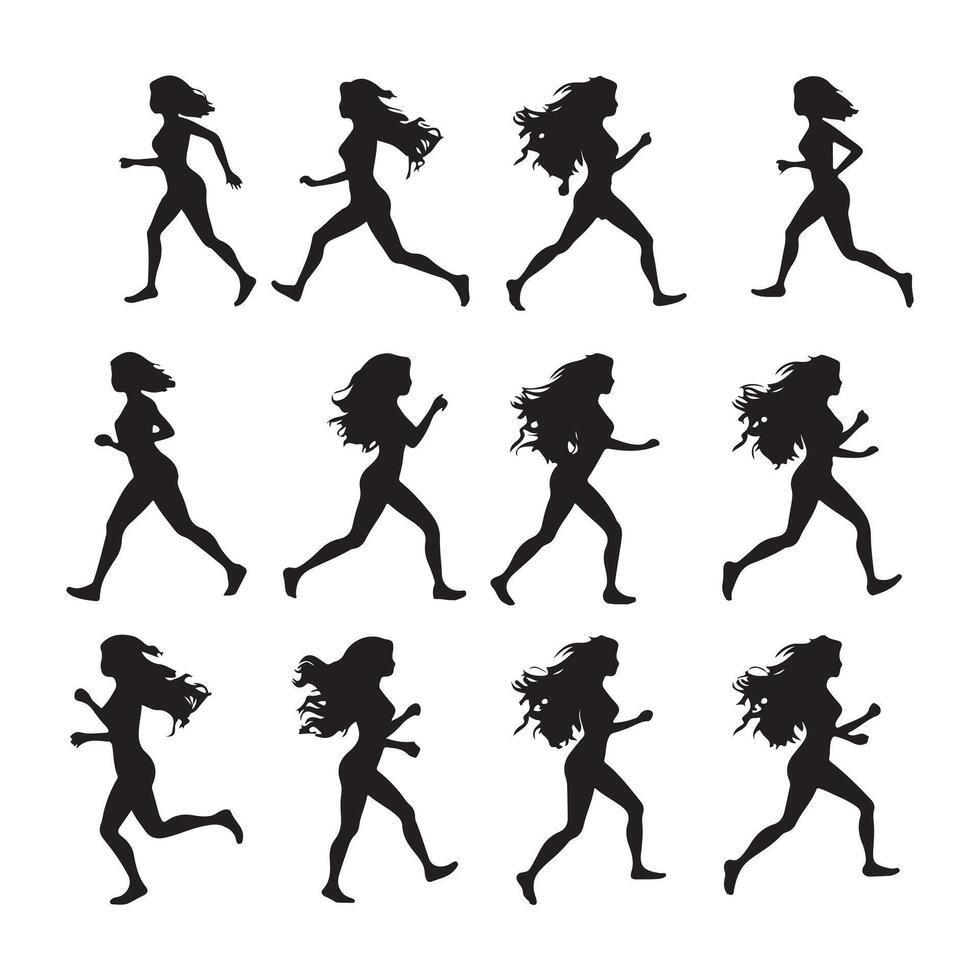 Set of Girl Run Cycle Animation Sprite Sheet jogging silhouette white background vector