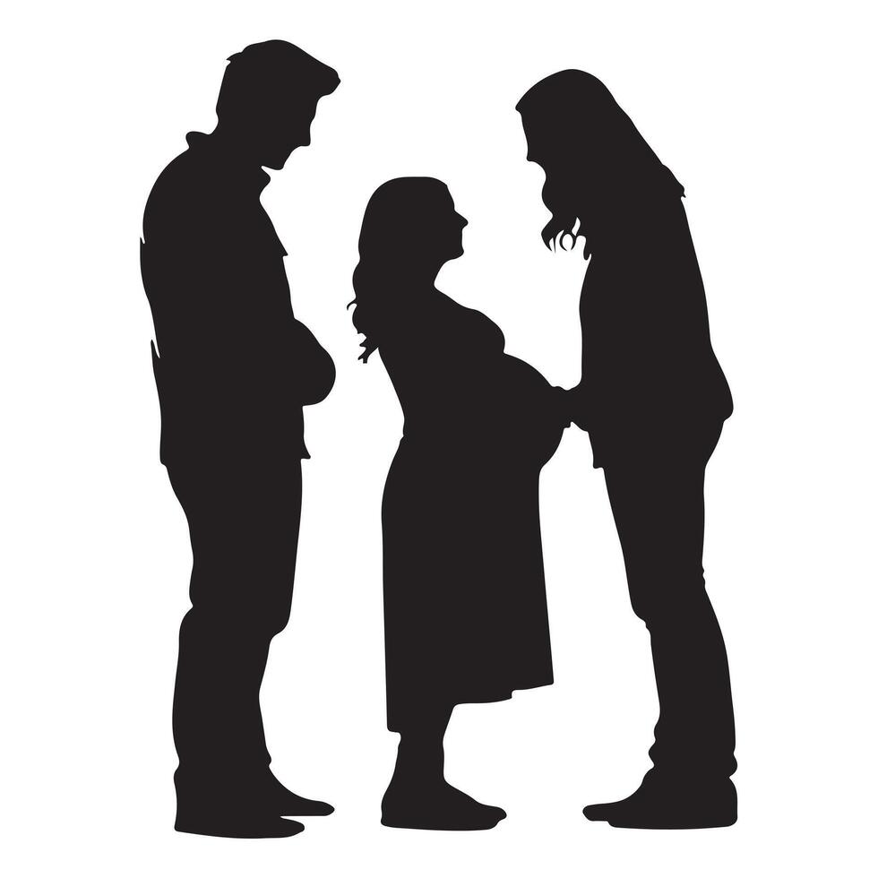 A silhouette in a studio of a couple who are having a baby and the father silhouette white background vector
